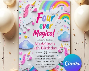 Unicorn 4th Birthday Invitation, Magical Party Invite, Instant Download, Girl Pastel Design Four Ever Magical, Editable Rainbow Template U92