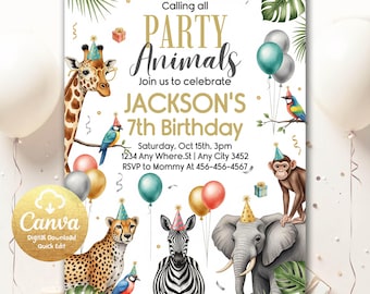 Party-Tier-Einladung Dschungel-Geburtstags-Einladung Tier-Geburtstags-Einladung Zoo-Einladungs-Thema Bearbeitbar Safari-Geburtstags-Einladung PA71