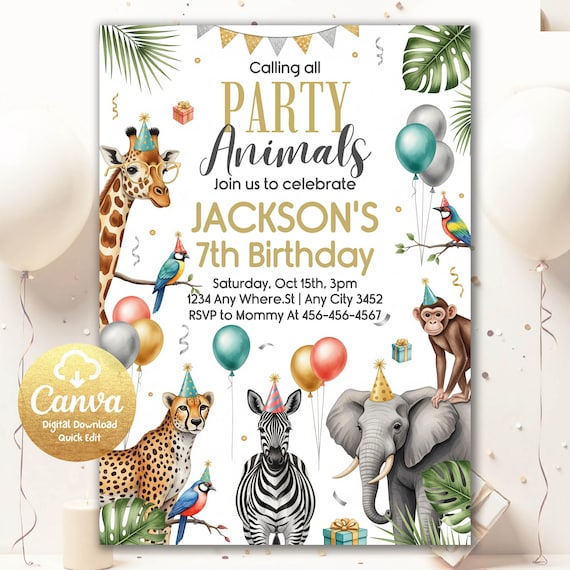 Party Animal Invitation Jungle Birthday Invitation Animal Birthday Invitation Zoo Invitation Theme Editable Safari Birthday Invitation PA71