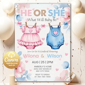 Pink or Blue Baby Clothes Gender Reveal Invitation, He Or She Gender Reveal Invitation, Clothesline Themed Gender Reveal Invitation CG502