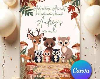 Inbjudan till babyshower med skogsmark, babyshower med äventyrsmotiv för pojkar, redigerbar låt äventyret börja babyshowerinbjudan med skogsmark WLB672