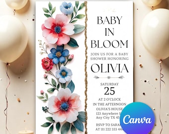 Baby in Bloom Invitation, Baby Shower Invitation, Flower Baby Shower Invitation, Wildflowers Baby Shower Invite, Editable Template BB43
