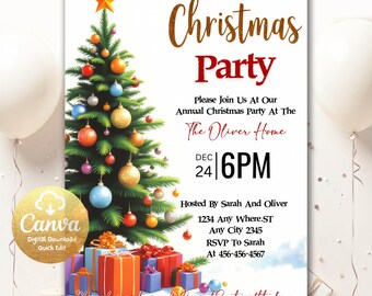 Invito alla festa di Natale, invito alla festa dell'albero di Natale, invito alla festa di Natale in oro rosso, modello modificabile Canva CP90