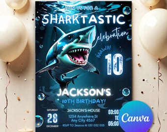 Shark Invitation, Shark Invites, Shark Birthday Invitation, Shark Invitation, Kids Birthday Party Invites, Editable Invitation Canva SH002