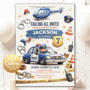 Invitación de cumpleaños de policía, invitación de policía, oficial de policía, fiesta de primer cumpleaños para niño, coche de policía, vehículo SWAT, editable en Canva PBP1