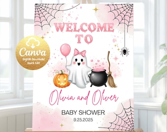 A Little Boo ベビーシャワー ウェルカムサイン、性別を問わないハロウィン ベビーシャワー ウェルカムサイン、編集可能なゴーストハロウィン ベビーシャワー デコレーション PA83