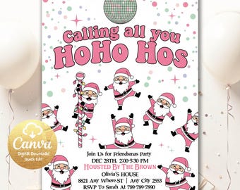 Może przedstawiać: Różowo-białe zaproszenie na imprezę Friendsmas z ilustracjami Świętego Mikołaja. Zaproszenie zawiera tekst "Calling all you HoHo Hos". Grafika kuli dyskotekowej u góry.