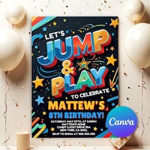 Pode incluir: Um convite colorido de aniversário com as palavras "LET'S JUMP & PLAY" em letras grandes e tridimensionais. O convite inclui detalhes para o 8º aniversário de Matthew, com um logotipo Canva. Balões e uma vela no fundo.