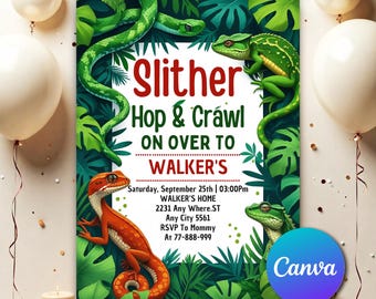 May include: A colorful invitation with a jungle theme, featuring illustrations of snakes, lizards, and tropical foliage. The text reads "Slither, Hop & Crawl ON OVER TO WALKER'S" with event details. A Canva logo is in the corner.