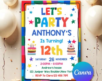 Simple Colorful Birthday Invite, Bright and cheerful party, Invitations, Editable Template, Printable Invitation, Instant Download SC701