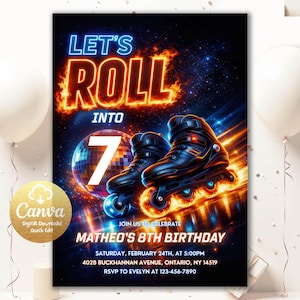 Peut inclure: Une invitation d'anniversaire numérique sur le thème de l'espace. Les mots "LET'S ROLL INTO 7" sont en orange néon et bleu. L'invitation comprend des patins à roulettes, une boule disco et le texte "MATHEO'S 8TH BIRTHDAY".