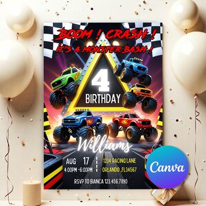 Boom, Crash, c'est un Monster Bash, faire-part d'anniversaire Monster Truck Invitation numérique 5 x 7 ans, faire-part d'anniversaire modifiable Monster Jam