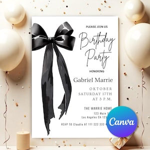 Può includere: Invito a una festa di compleanno in bianco e nero con un grande fiocco nero e il testo "Si prega di unirsi a noi per una festa di compleanno in onore di Gabriel Marrie Ottobre Sabato 17 alle 15:00. The Marrie Home 123 Main St Los Angeles CA 123 RSVP a Claudia al 111 222 333 4"
