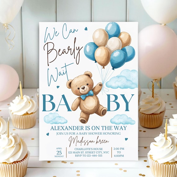 Bear Baby Shower Invite, Blue Boy Boho Bear Baby Shower, We Can Bearly Wait Invitation, Blue Bear Invite for Boys, Editable in Canva BB088