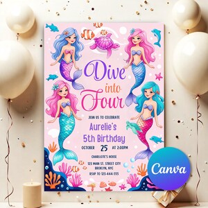 以下が含まれることがあります： ピンクとブルーのマーメイドをテーマにした誕生日招待状で、「Dive into Four」と「Aurelie's 5th Birthday」の文字が書かれています。招待状には、マーメイド、ウミガメ、魚のイラストが描かれています。