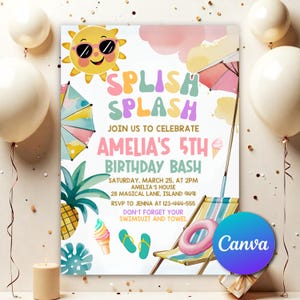 Girly Splash Pad Water Slide Paddling Pool Summer Party, Pool Party Birthday Invitation, Editable Splish Splash Birthday Invitation SS504