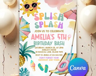 Girly Splash Pad Water Slide Paddling Pool Summer Party, Pool Party Birthday Invitation, Editable Splish Splash Birthday Invitation SS504