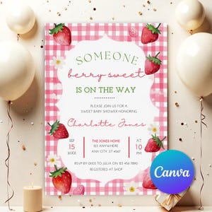 Strawberry Baby Shower Invitation Template, Berry Sweet Baby on the Way Invite, Berry Sweet Invitation, Printable Invite, Shower Evite BS711