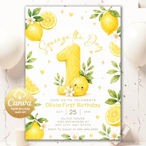 Könnte beinhalten: Eine Geburtstagseinladungskarte mit Aquarell-Zitronen, grünen Blättern und weißen Blüten auf weißem Hintergrund. Der Text lautet Squeeze the Day, Olivia First Birthday, Oct 25, 3pm, inklusive Platzhalter für Adresse und RSVP-Details.