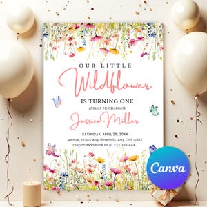 Editable Floral 1st Birthday Invite Wildflower Birthday Party Invite Template Garden Party Birthday Girl Birthday Flower Card Wildflower BS3