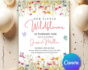 May include: A floral-themed first birthday party invitation with a pink and white color scheme. The invitation features a watercolor illustration of wildflowers and butterflies. The text reads "Our Little Wildflower is Turning One. Join us to Celebrate Jessica Miller. Saturday, April 25, 20XX. Venue, 12345 Any Where.St, Any Ciyt 4567. rsvp to Madeline at 111 222 333 444."