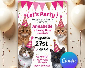 Invitación de cumpleaños con temática de gato editable, invitación de cumpleaños con temática de gato, invitación de cumpleaños de gato, invitación de gato, invitación ¿Eres un gatito?