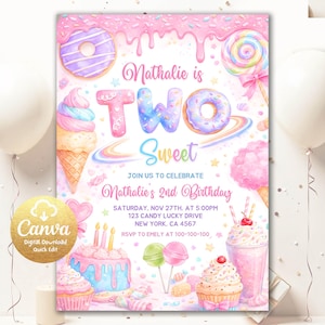 Puede incluir: Una invitación de cumpleaños rosa y pastel con el texto "Nathalie tiene DOS Sweet". El diseño incluye ilustraciones de donuts, conos de helado, cupcakes y un batido. La invitación también incluye la fecha, la hora y el lugar de la fiesta.