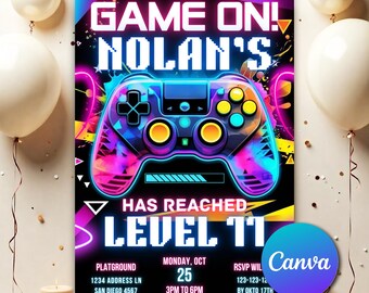 Video Gamer Level Up Birthday Invitation, Arcade Party Invitation, Neon Glow Invite, Editable Video Game Birthday Invitation Canva VG0064
