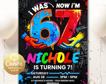 Six Seven Birthday Invitation, 6 7 Meme, 7th Birthday Party, I was 6 now I'm 7 Party Invite, Digital Download, Editable Canva Template SSBP2