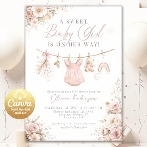 以下が含まれることがあります： ベビーシャワーの招待状。ソフトなフローラルデザインで、「A Sweet Baby Girl Is On Her Way!」の文字が、ピンクのドレス、テディベア、虹が描かれた物干しロープの上に表示されています。招待状にはイベントの詳細とOlivia Pedersonの名前が記載されています。