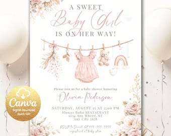 Invitación para baby shower con temática de ropa estilo boho, invitación para baby shower con temática de ropa boho, descarga instantánea, plantilla digital, editable en Canva DRCBS1
