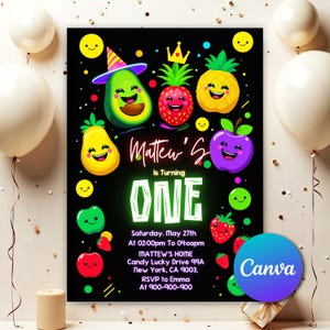 Hey Bear Sensory Invitation Dancing Fruit Party Kids Birthday Invitation Simple and Easy Edit Party Kids Birthday Invitation Editable HB771