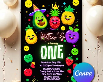 May include: A black birthday invitation with cartoon fruit characters, including an avocado, pineapple, and apple, with smiling faces. The text reads "Matthew's is turning ONE" with event details and RSVP information. The Canva logo is in the bottom right corner.