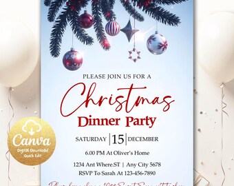 Invito per festa di Natale in rosso modificabile, modello di invito per festa di Natale, invito per festa con albero di Natale, invito di Natale Canva CP92