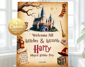Wizards Witches Birthday Welcome Sign Magical Birthday Welcome Sign Editable Castle Wizardry Party Template Digital Download MWW018
