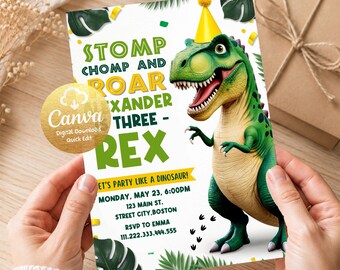 Personalized Dinosaur Birthday Invitation, Three Rex Birthday Invite, Digital Boys Third Birthday Dino Party, Three-Rex On The Loose DB21