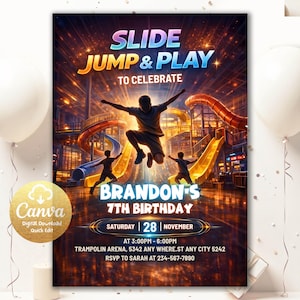 以下が含まれることがあります： 「SLIDE JUMP & PLAY」と「BRANDON'S 7TH BIRTHDAY」のテキストが入った誕生日のデジタル招待状。スライドで遊ぶ子供たちのイラストが特徴で、Canvaのロゴが入っています。