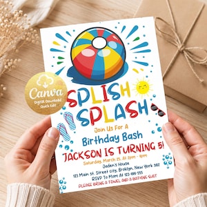 Splish Splash födelsedagsinbjudan poolpartyinbjudan personlig, födelsedagsfestmall redigerbar pojke strandboll poolpartyinbjudan SS501
