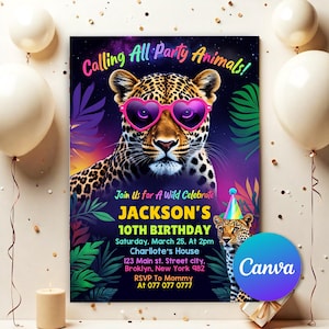 Könnte beinhalten: Einladungskarte für eine Party mit einem Leoparden mit herzförmiger Sonnenbrille. Die Einladung trägt die Aufschrift "Calling All Party Animals!" und kündigt Jacksons 10. Geburtstag an, einschließlich Datum, Uhrzeit und Ort.