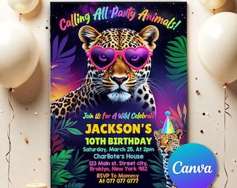 Invitación para fiesta de cumpleaños con estampado de guepardo, leopardo y arcoíris pastel, animales salvajes de safari, invitación editable para fiesta de cumpleaños con animales RLA62