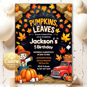 Könnte beinhalten: Eine digitale Einladung mit Herbstthema. Das Design zeigt Kürbisse, fallende Blätter und den Text "Pumpkins, Leaves" und "Jackson's 5 Birthday". Ein roter LKW und eine Vogelscheuche sind ebenfalls im Design enthalten. Die Einladung ist in Canva editierbar.