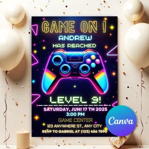 Editable Video Game Birthday Invitation, Neon Game on Level up Gaming Birthday Party Invitation, Glow Game Party Printable Canva Template