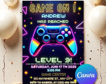 Editable Video Game Birthday Invitation, Neon Game on Level up Gaming Birthday Party Invitation, Glow Game Party Printable Canva Template