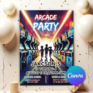 Arcade Birthday Invitation Template, Arcade Invitation, Neon Glow Invite, Arcade Party, Boys Gamer Party, Editable Video Game Party ARC0131