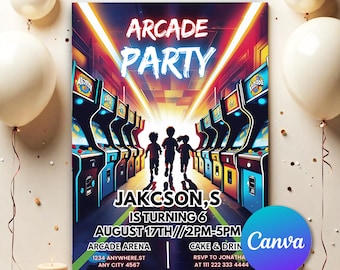 Arcade Birthday Invitation Template, Arcade Invitation, Neon Glow Invite, Arcade Party, Boys Gamer Party, Editable Video Game Party ARC0131