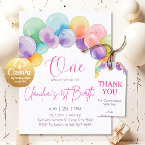 Pastel Rainbow 1st Birthday Invitation, First Birthday Invitation, Pastel Rainbow Balloon Arch Invitation, 1st Birthday Invitation PRB9802