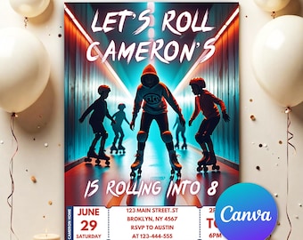 May include: A party invitation with the text "Let's Roll Cameron's" featuring roller skaters. The invitation includes the date June 29, the address 123 Main Street, Brooklyn, NY, and RSVP information. The design has a neon color scheme.