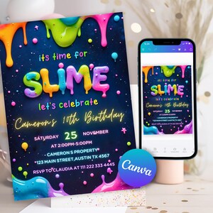 Slime Party Invite,Slime Birthday Party,Slime Party,Slime Invitation,Slime Glitter,Slime Template,Slime Birthday,Slime Invite,Slime purple,Slime pink,Slime For Girl,glow slime,Editable Invitation,