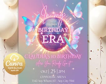 Zaproszenie na erę „In My Birthday Era”, edytowalne zaproszenie na bransoletkę przyjaźni, zaproszenie na imprezę muzyczną dla nastoletniej dziewczyny, fioletowo-niebieska impreza „Eras” IM52