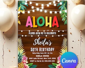 Aloha Party Invite Pineapple Invitation, EDITABLE Tropical Birthday Invitation Hawaiian Invitation Luau Invitation Instant Download AL761